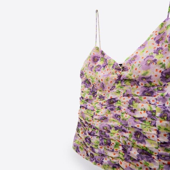 NWT Zara multicoloured floral draped ruched V-neck crop top, XS - Picture 4 of 6